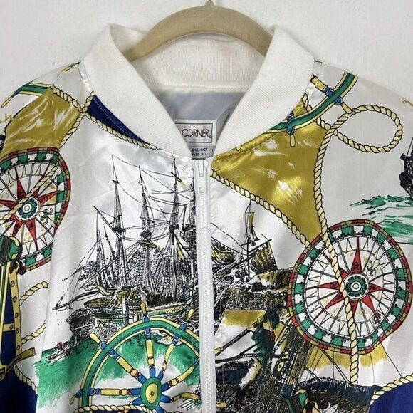 Casual Corner Vintage 80s Womens Satin Nautical Map Zip Up Bomber Jacket OS - Picture 3 of 11